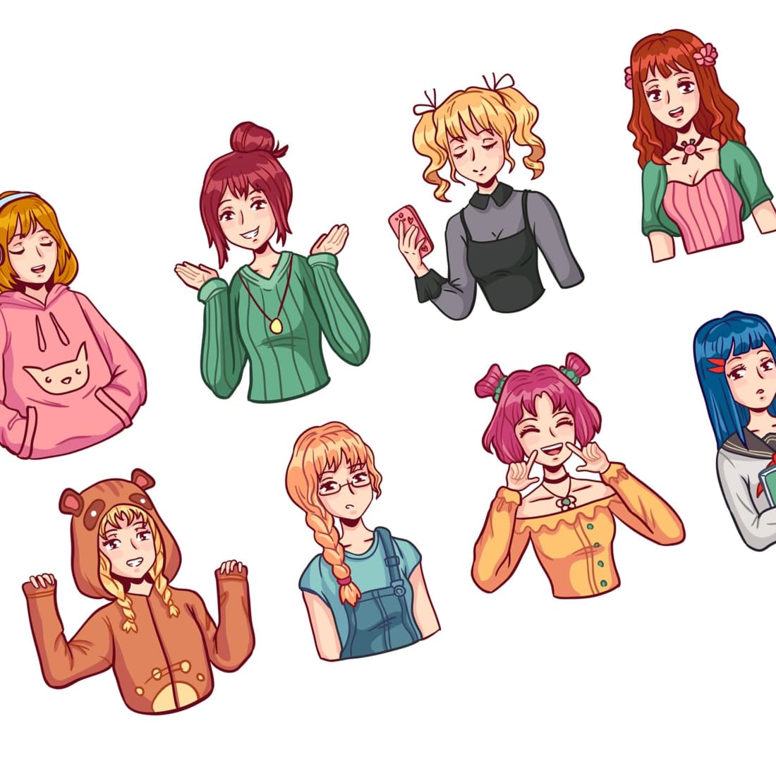 Anime Girls Character Kit Different Manga Female Teenagers In Cute