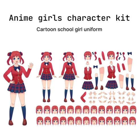 Anime Girls Character Kit. Cartoon School Girl Uniform In Japanese Style.
