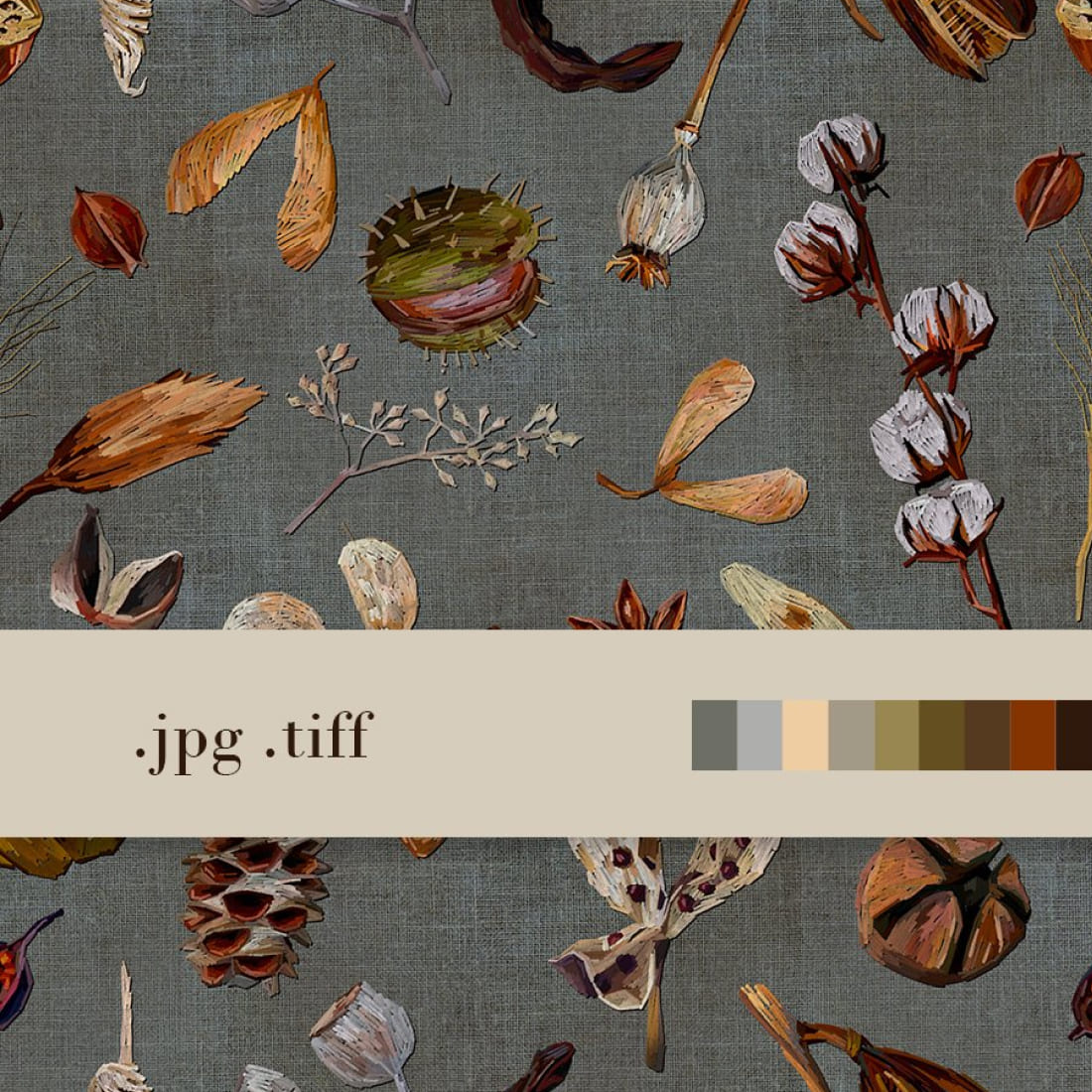 Fall seamless pattern JPG, seed pods digital paper for print.