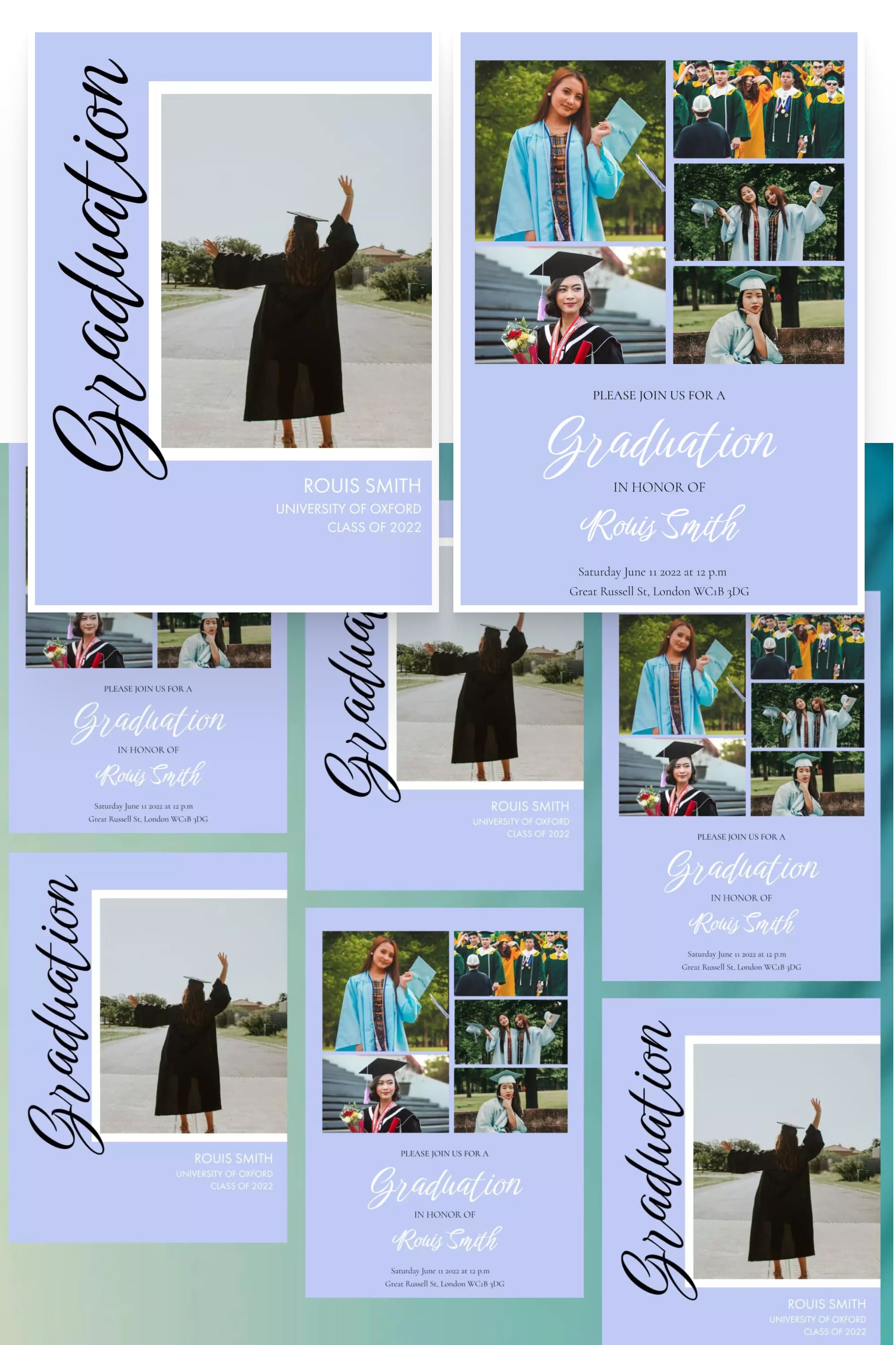 Collage of graduation invitations with photos of students and purple background.