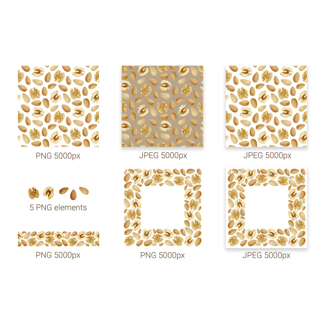 Hand-drawn nuts kernels set: seamless pattern and frame cover.