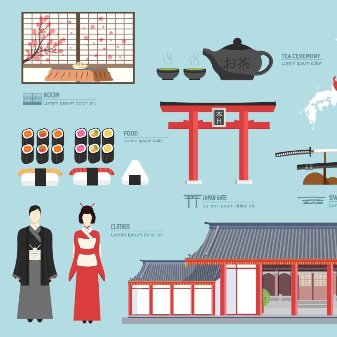 Japan country flat vector icons set created by LineTale.