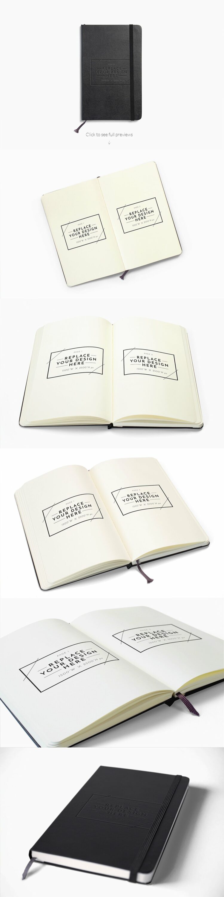 Black notebook mockups and its 4 different open views on a white background.