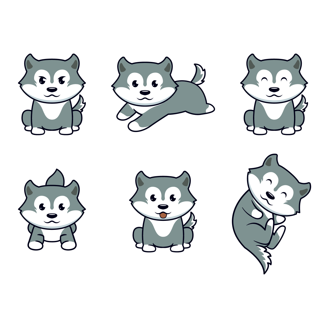 Set of six cartoon images of a cat.