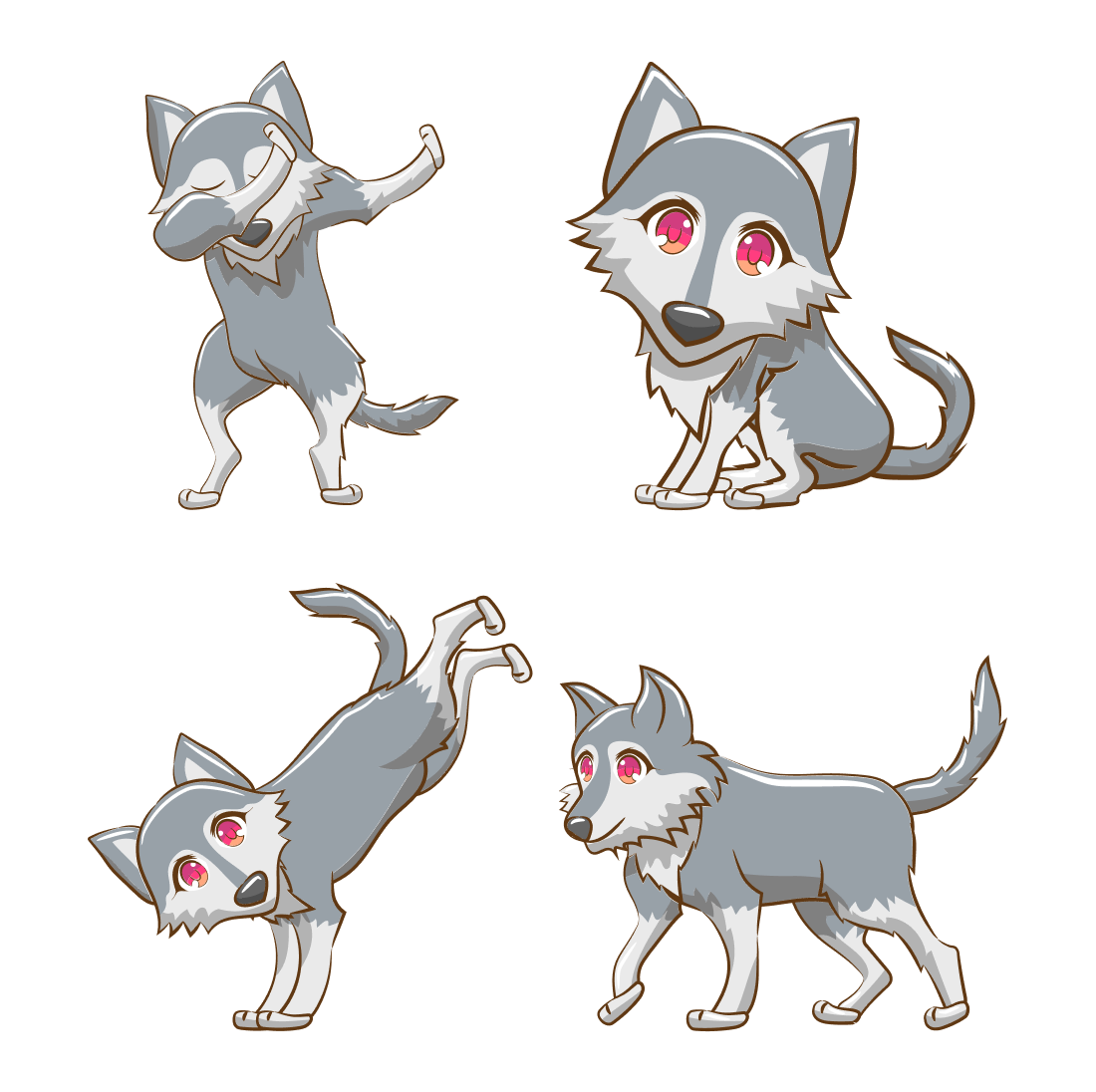 Set of four cartoon images of a wolf.