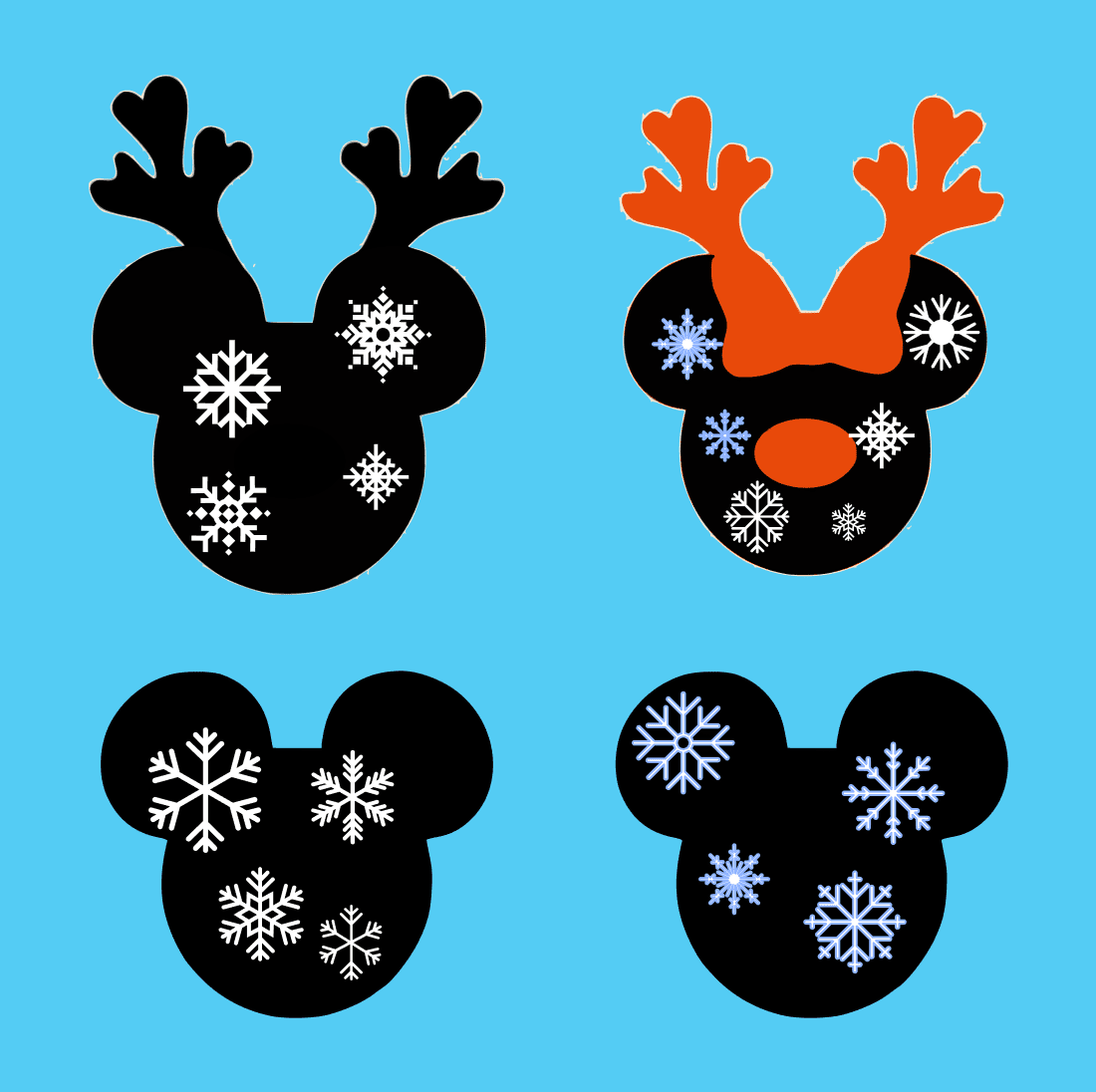 Cute disney snowflake images on the blue background.