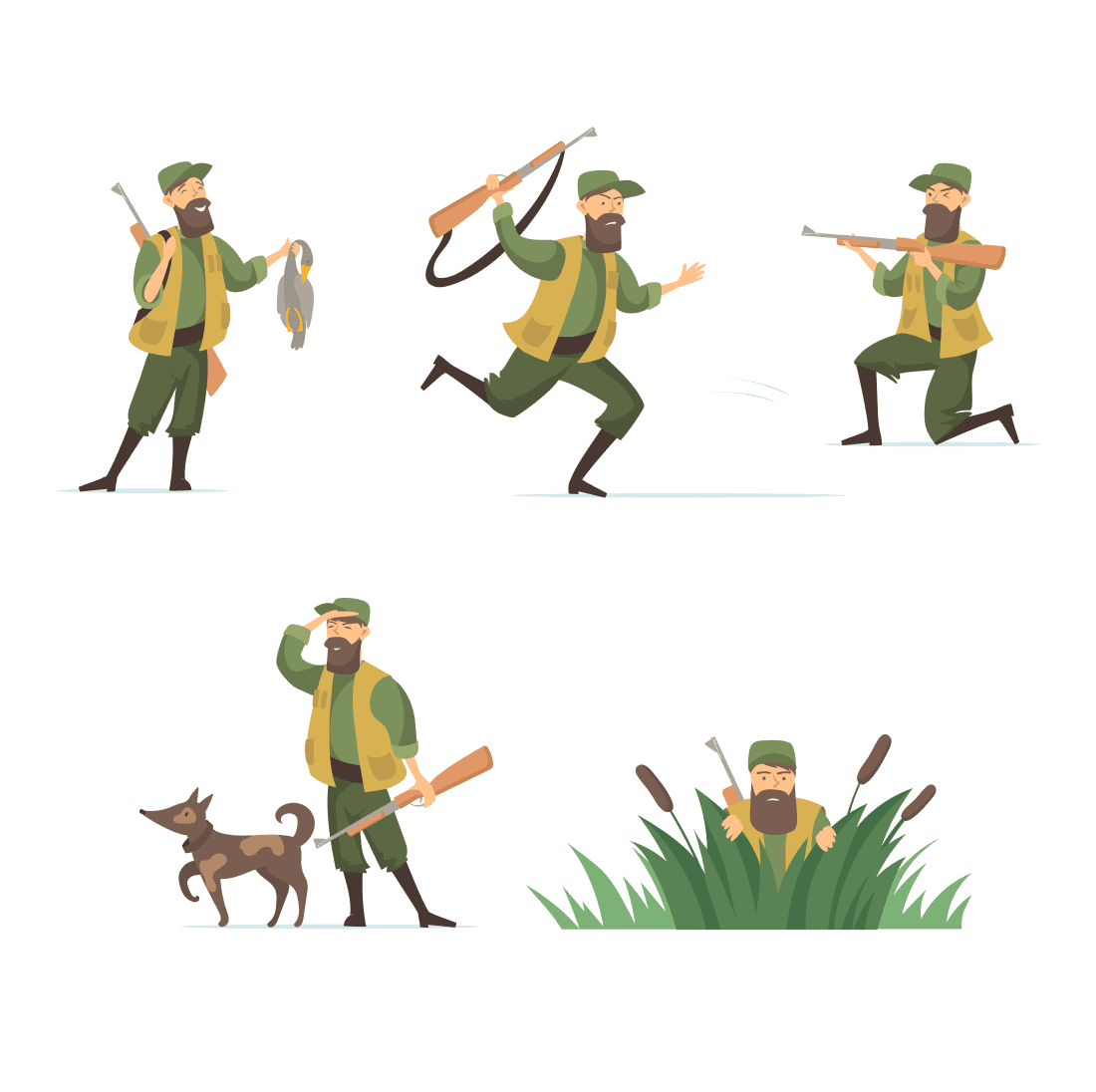 Set of funny duck hunter images.