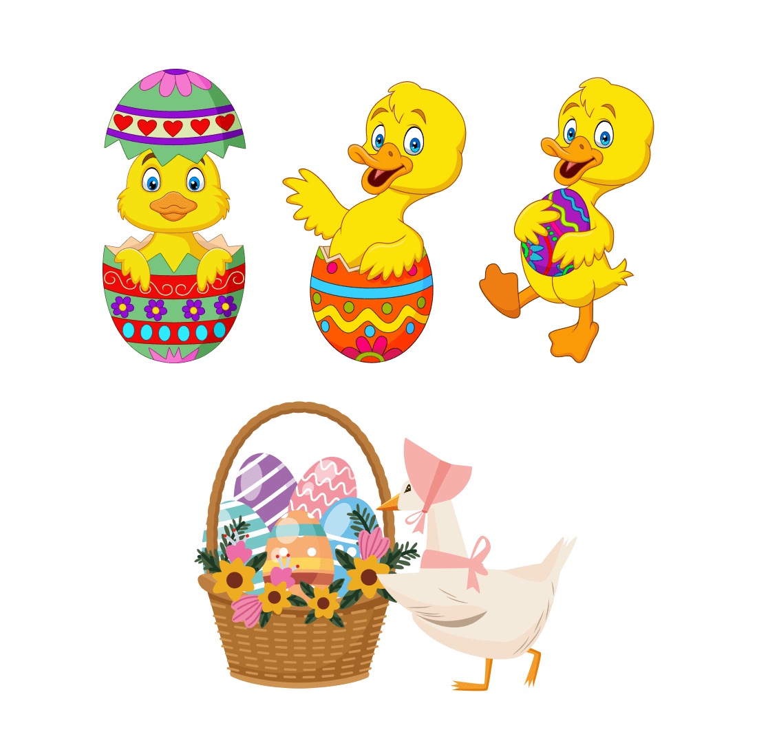 A collection of adorable images of Easter eggs and a duck.