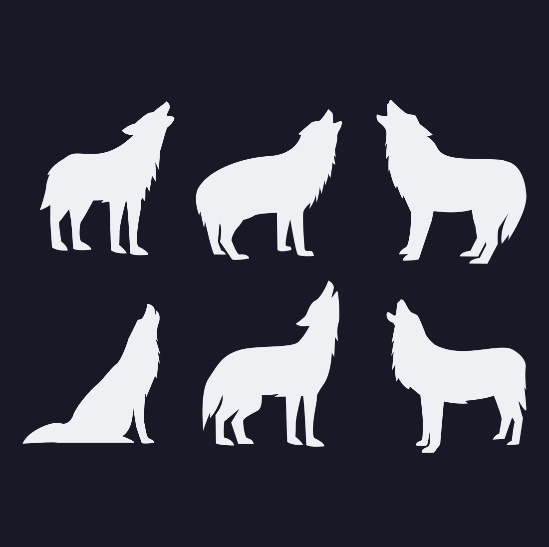 Set of white silhouettes of wolfs on a black background.