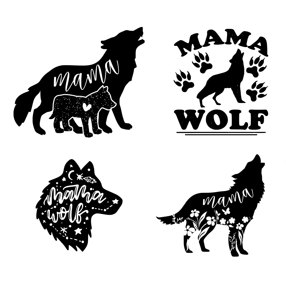 Set of four wolf decals on a white background.
