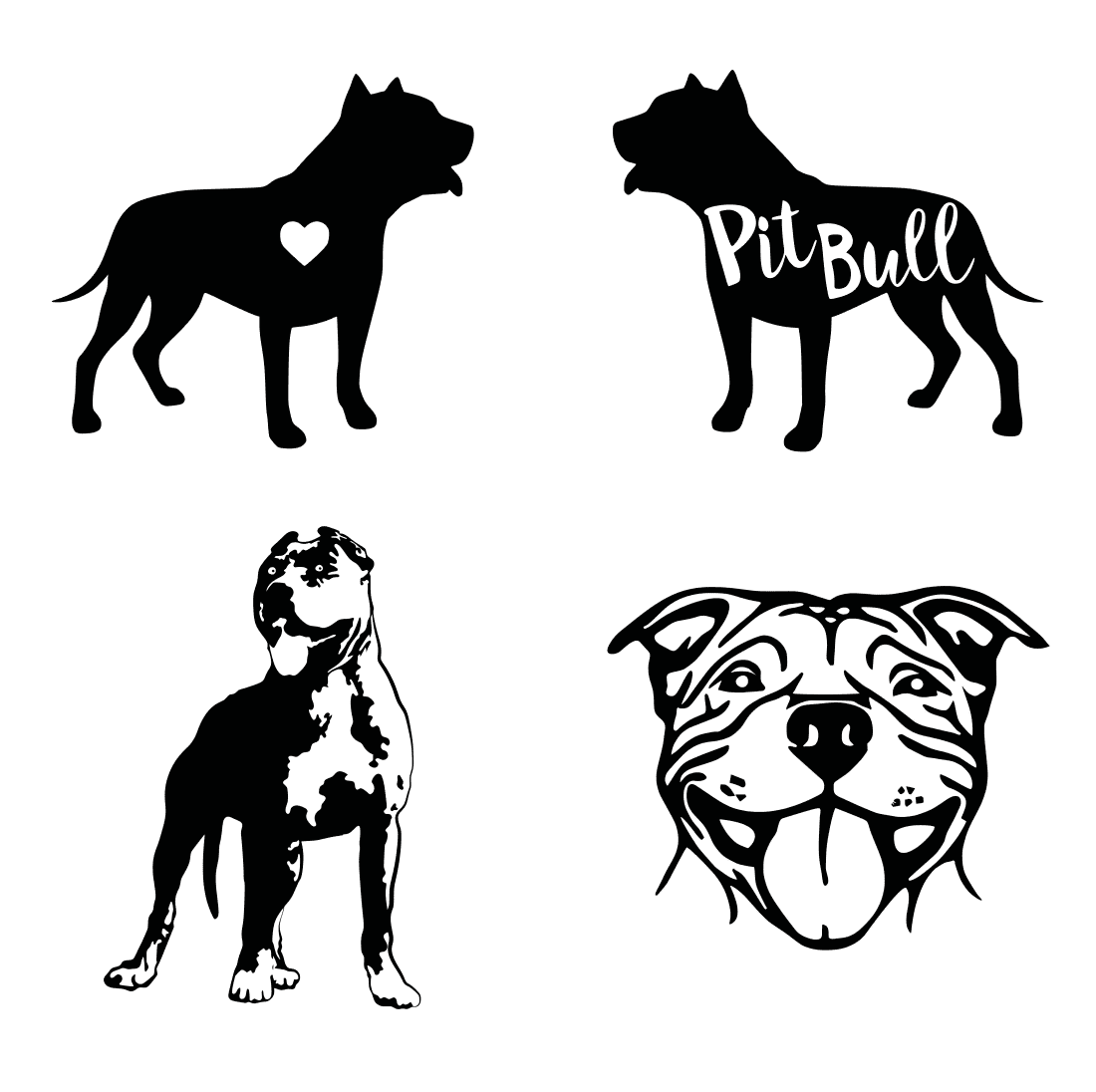 Set of four black and white images of dogs.