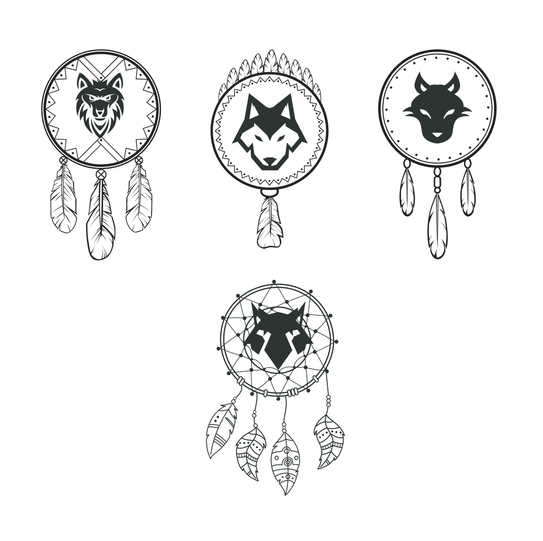 Drawing of three native american dream catchers.