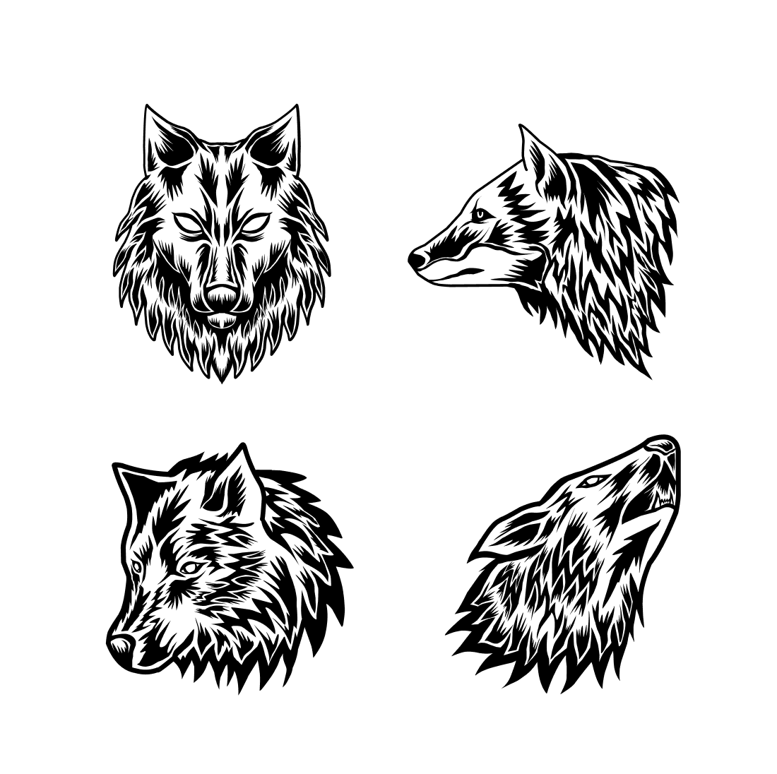 Set of four black and white wolf heads.