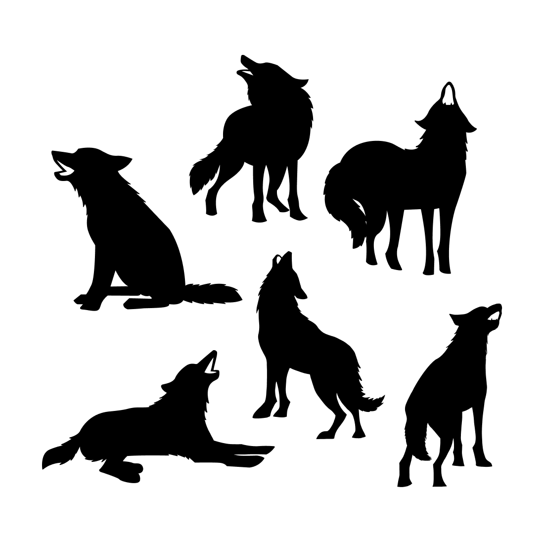 Set of six silhouettes of wolfs.