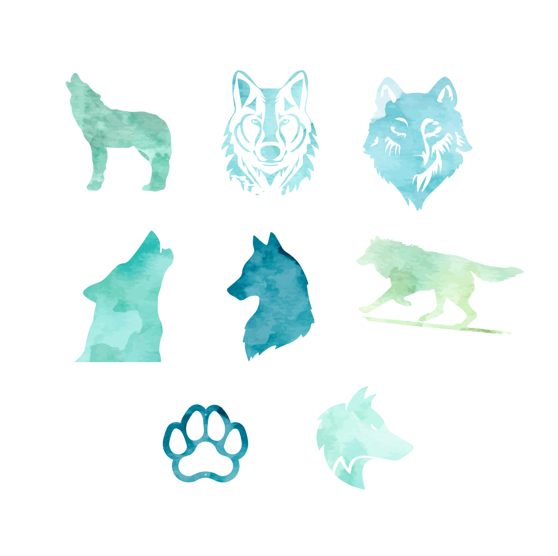 Set of nine watercolor wolf silhouettes on a white background.