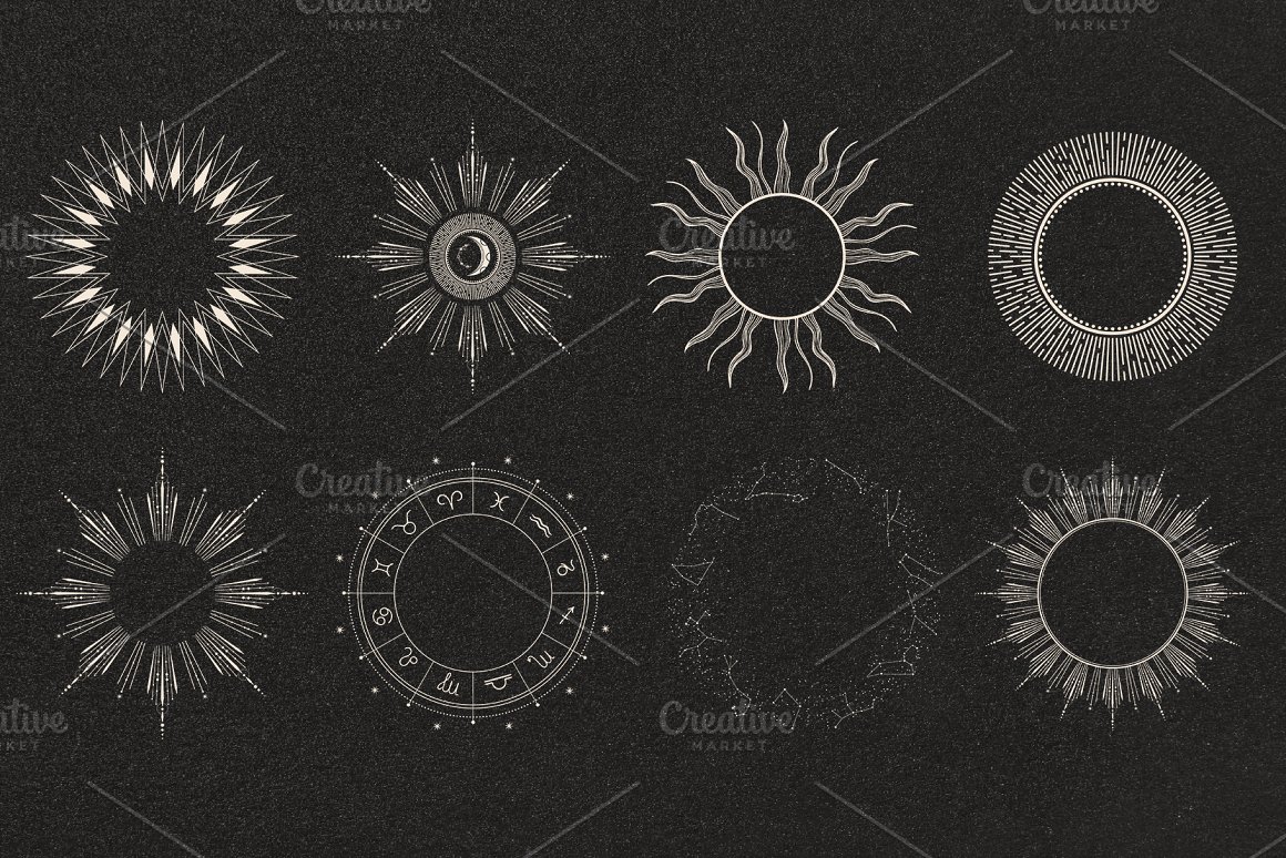 A set of 8 white circular emblems with zodiac signs on a black background.