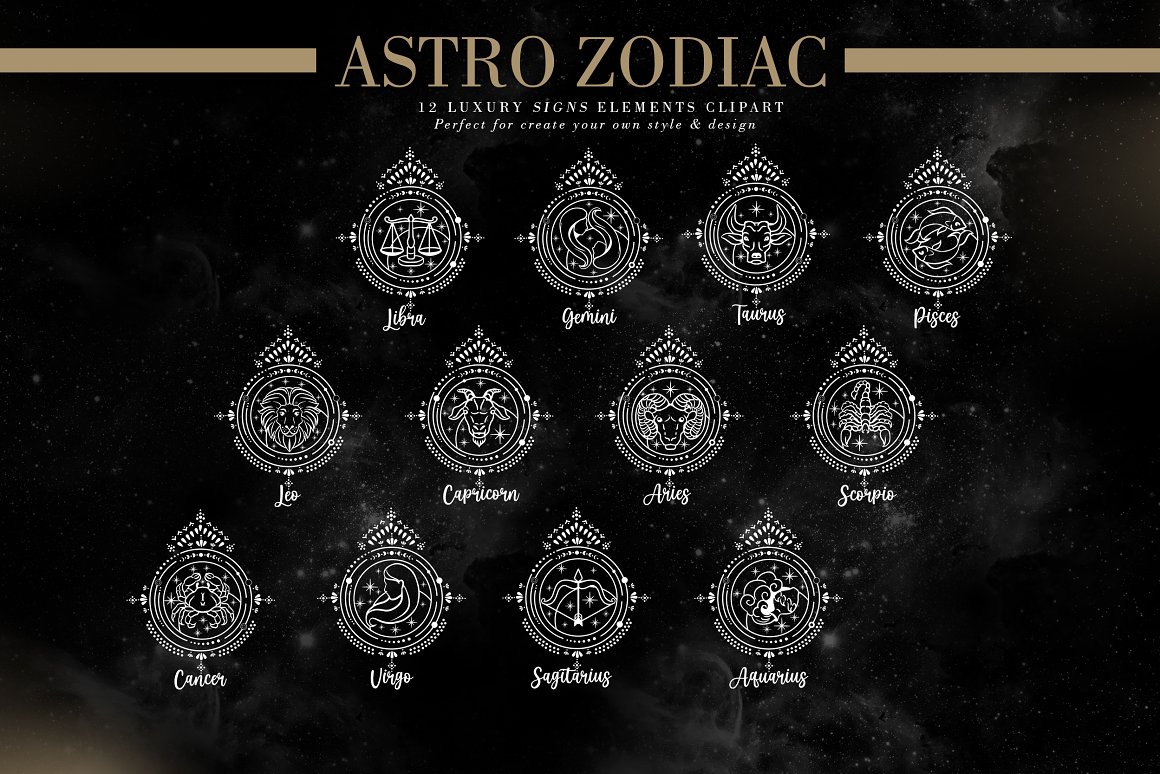 Beige lettering "Astro Zodiac" and 12 white different illustrations of zodiac signs on a black background.