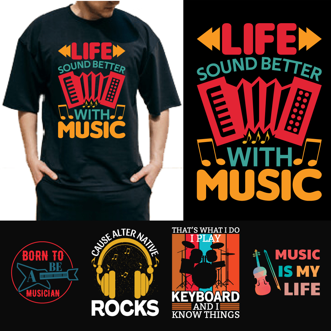 Music T-Shirt Quotes Design Bundle preview image.