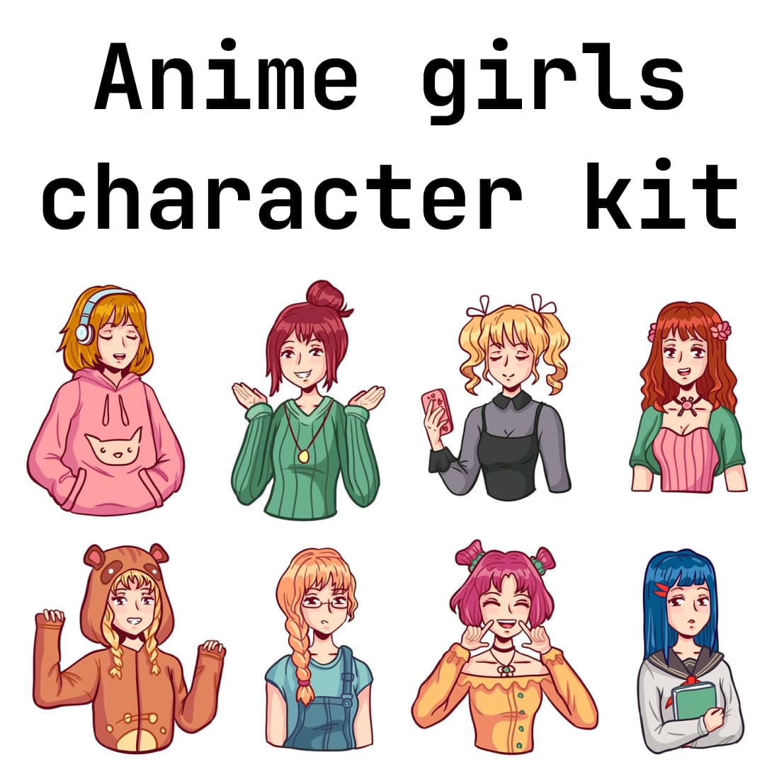 Anime Girls Character Kit. Manga Girl With Smartphone, Heads.