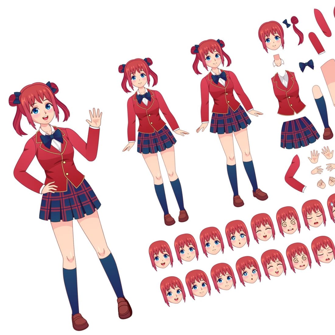 Anime Girls Character Kit. Cartoon School Girl Uniform In Japanese Style Cover.