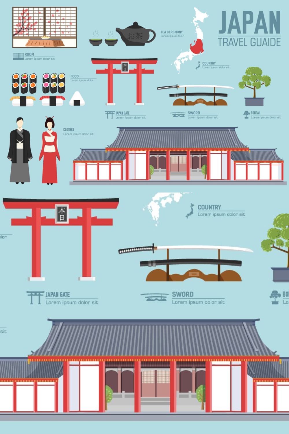 Japan country flat vector icons set - pinterest image preview.