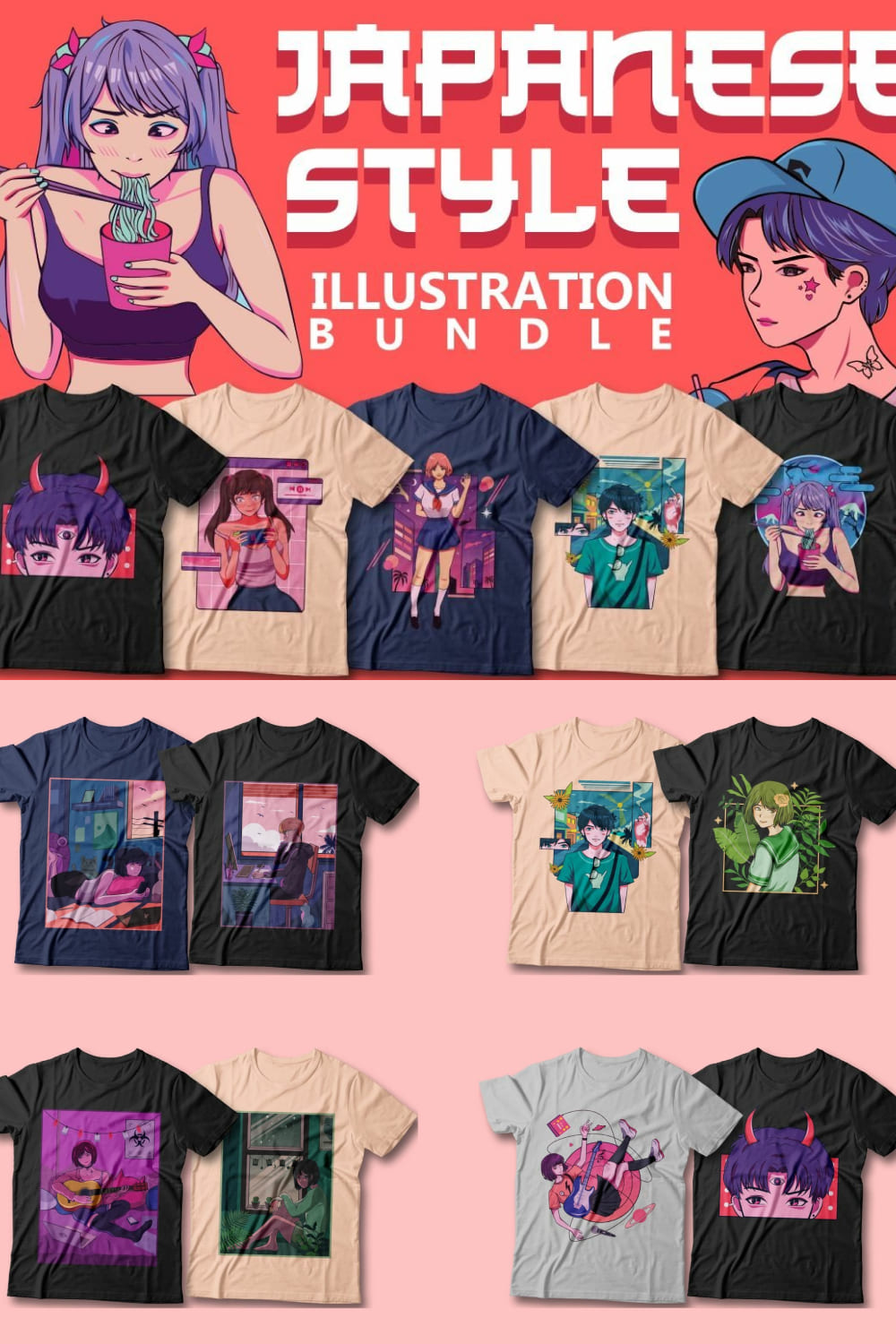 Japanese Style Anime Illustration T-shirt Designs Bundle - Pinterest.