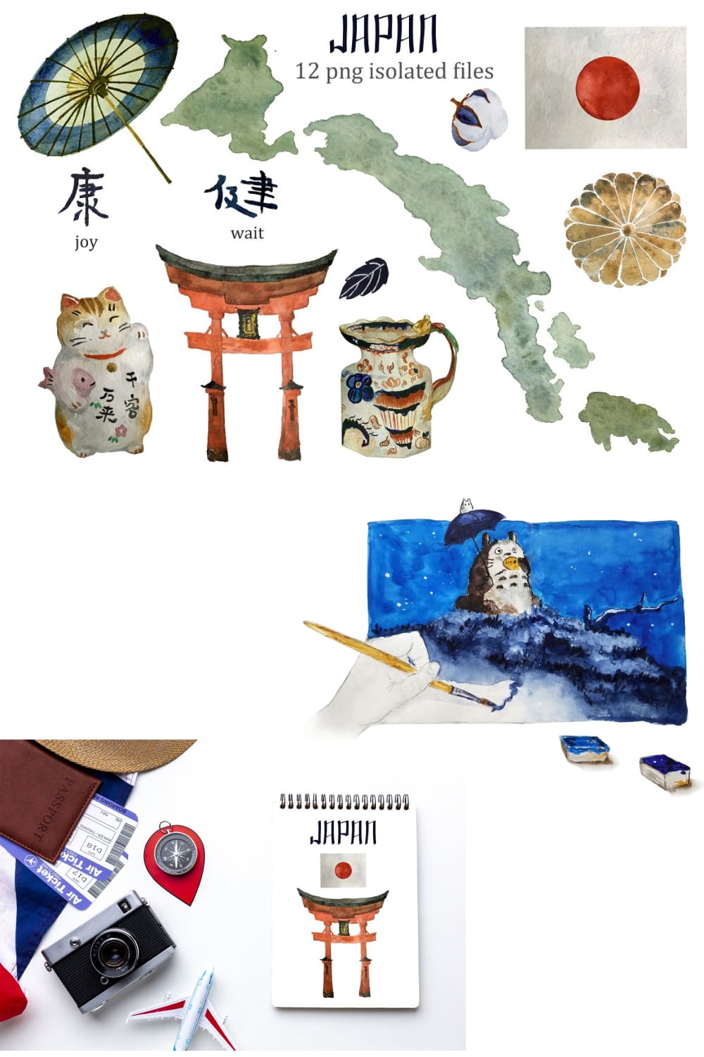 Watercolor Japan Culture Set - Pinterest.