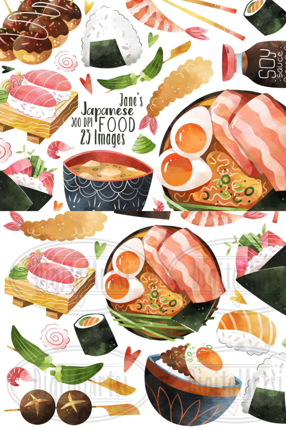 Watercolor Japanese Clipart - pinterest image preview.