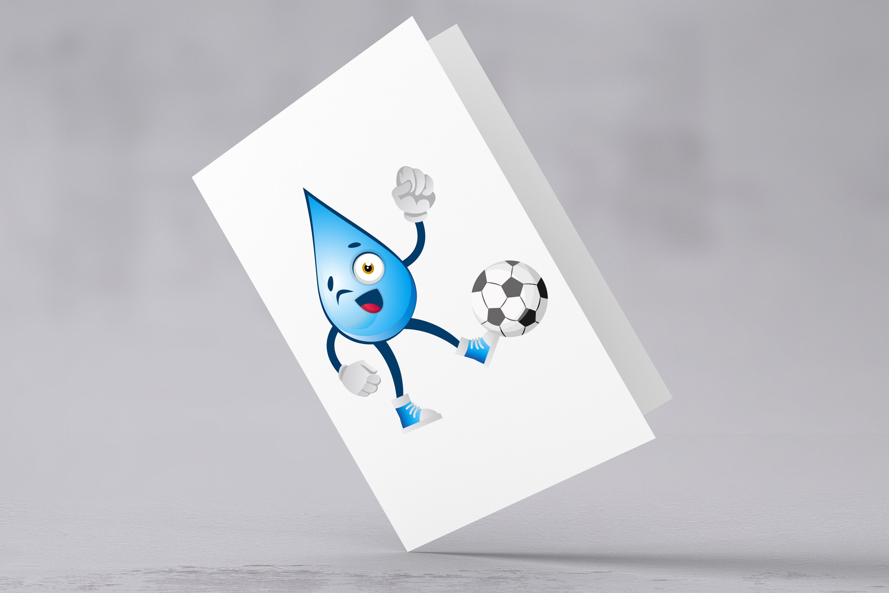 Simple white greeting card with the waterdrop and football ball..