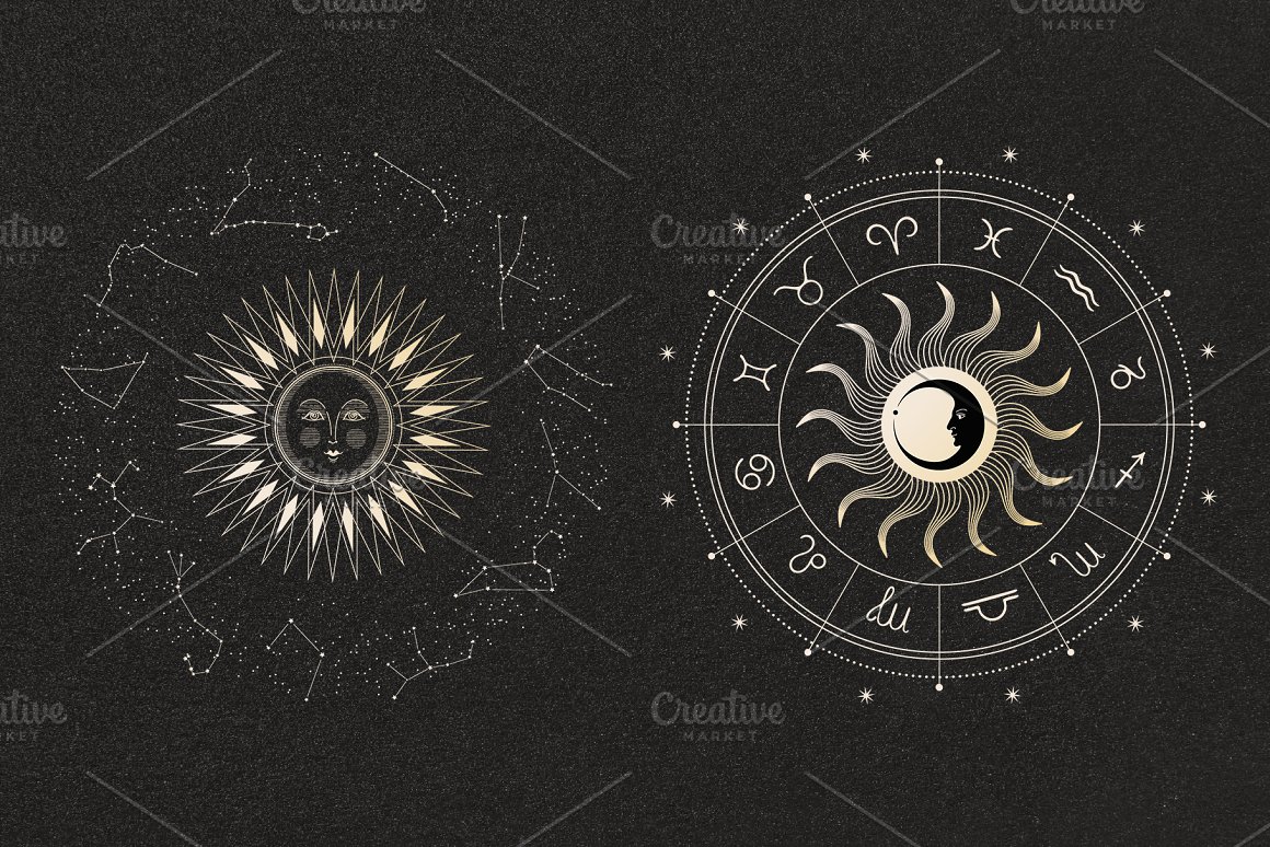 A set of 2 white circular emblems with zodiac signs on a black background.