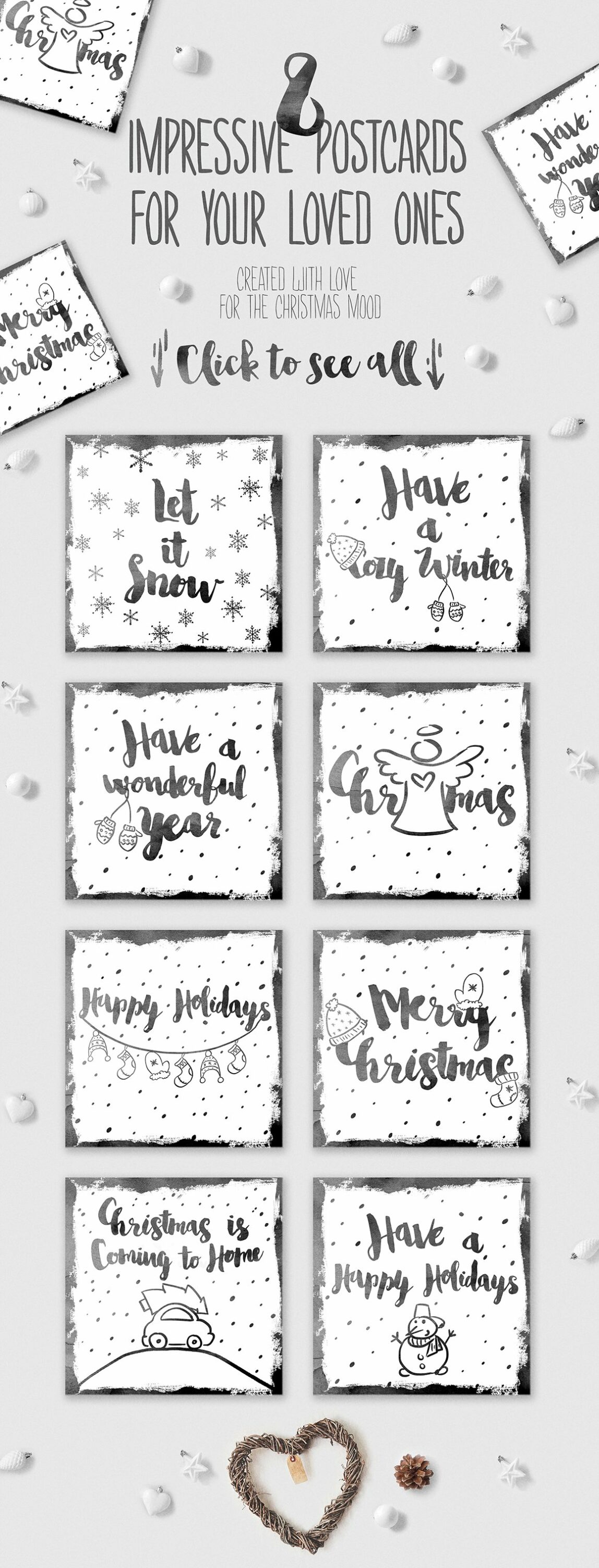 A set of 8 black different impressive postcards for your loved ones on a gray background.
