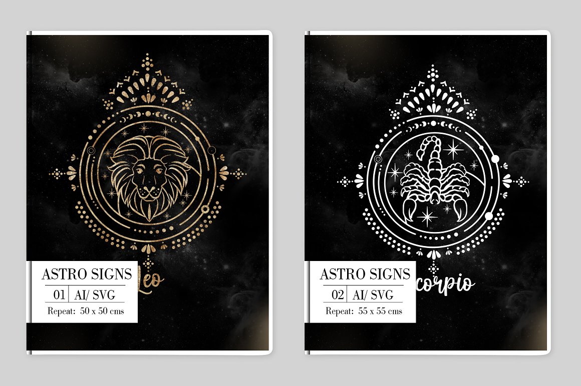 2 pictures of white zodiac signs - Leo and Scorpio on a black background in a white frame, on a gray background.