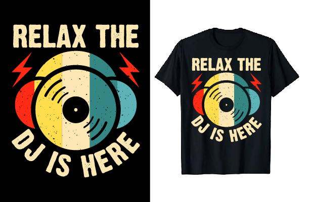 Image of a black t-shirt with a charming print of a record and headphones.