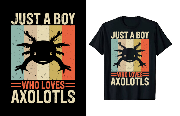 Image of a black t-shirt with unique axolotl print and slogan.