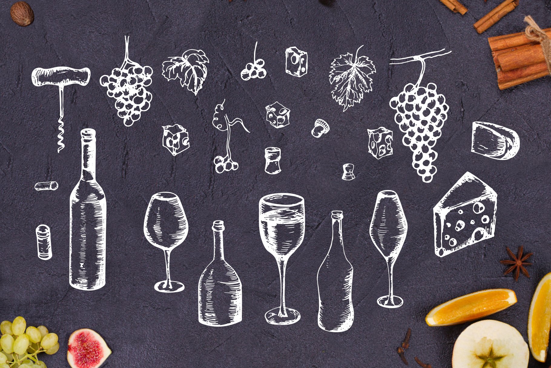Hand drawn wine elements on the board.
