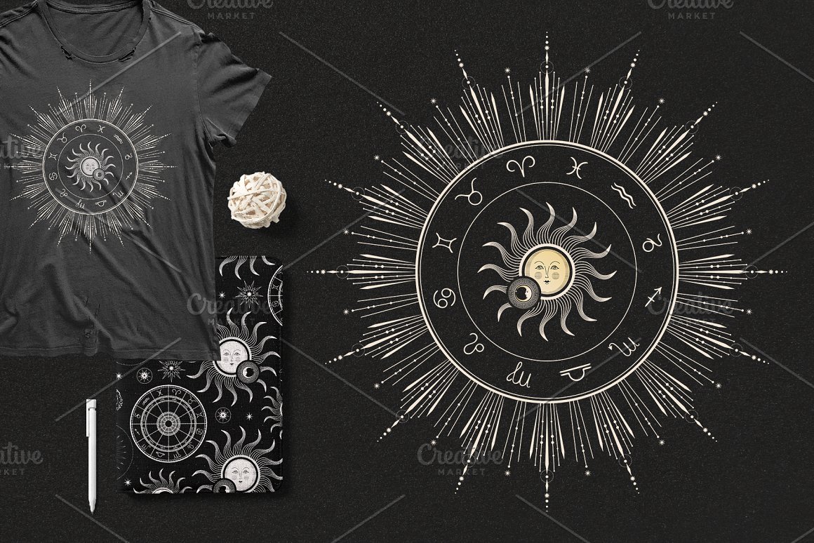 Black t-shirt with a circular emblem with zodiac sign, and the same illustration on a black background.