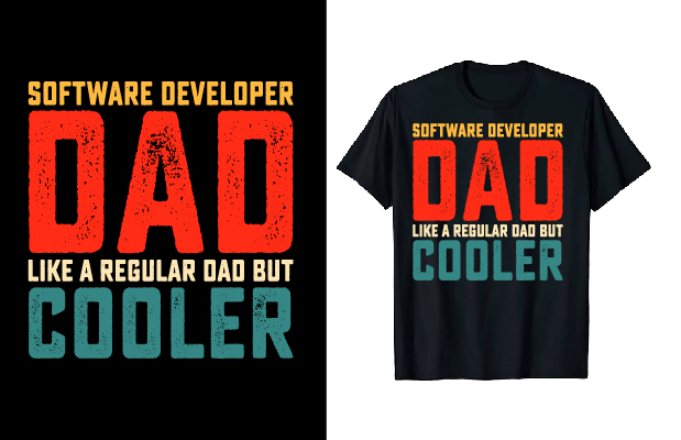 Image of a black t-shirt with a colorful print on the theme of the father's profession.