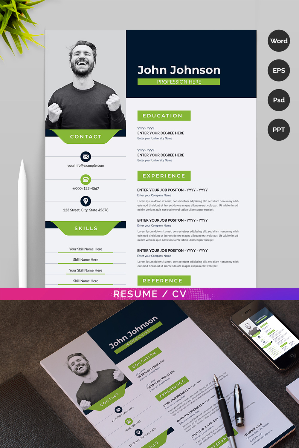 Clean and modern resume template with green accents.