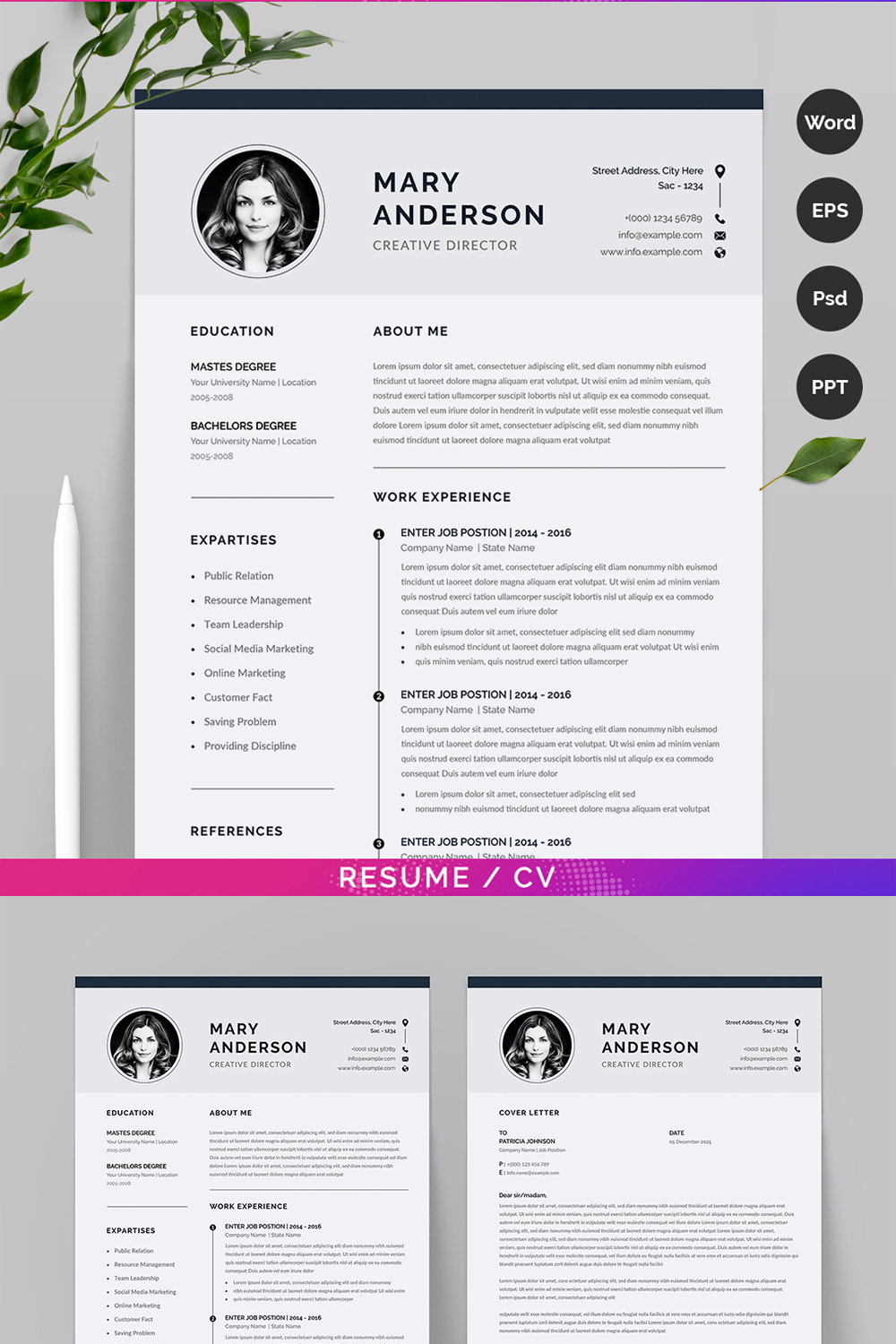 Clean and Modern Resume CV Template pinterest image.