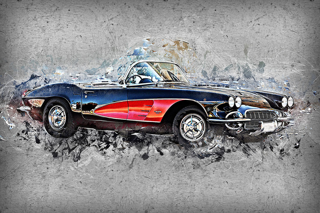 12 Vintage Classic Cars HQ Graphics with Grunge Style black with red car preview.