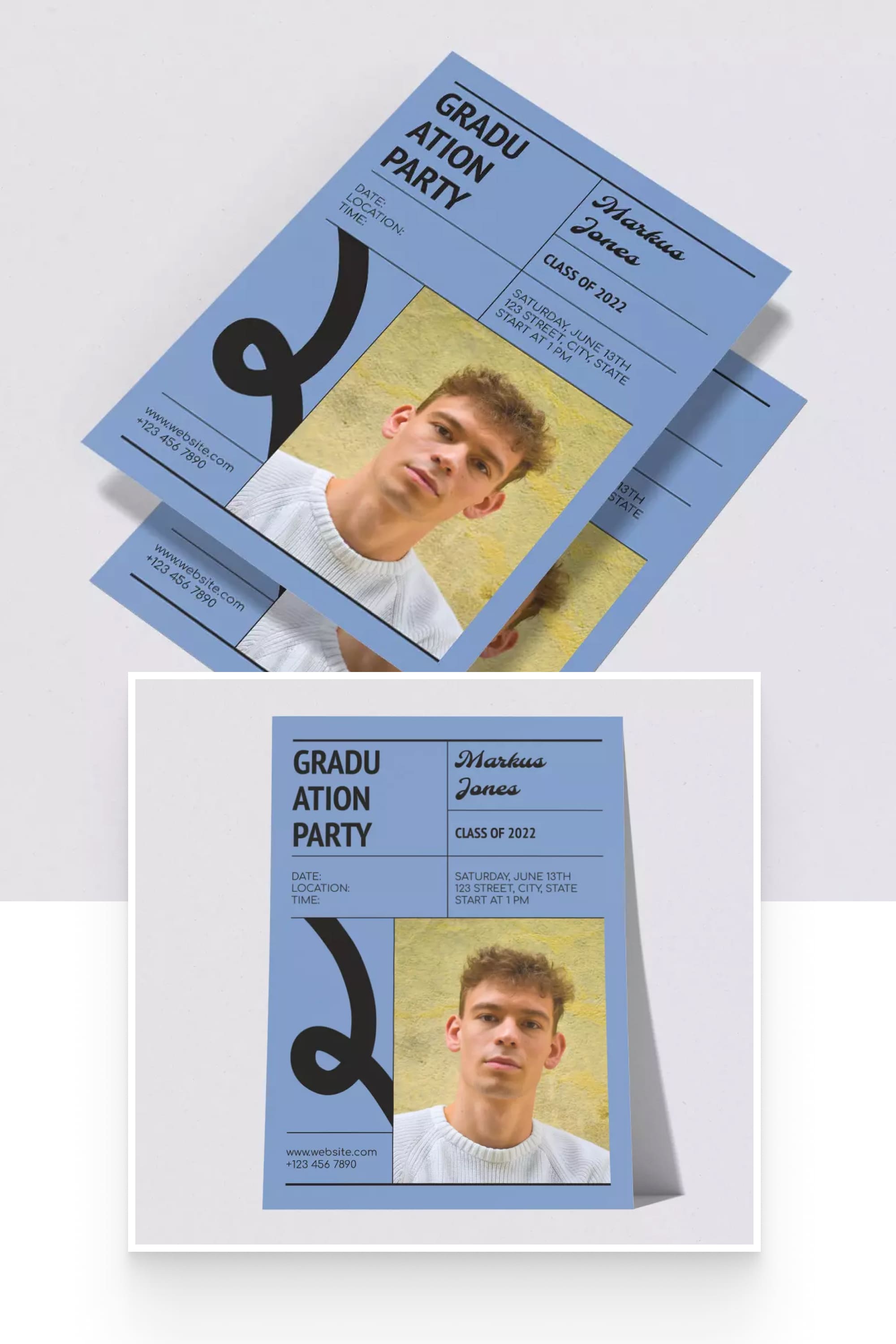 A collage of images of graduation invitations with a photo of a student.