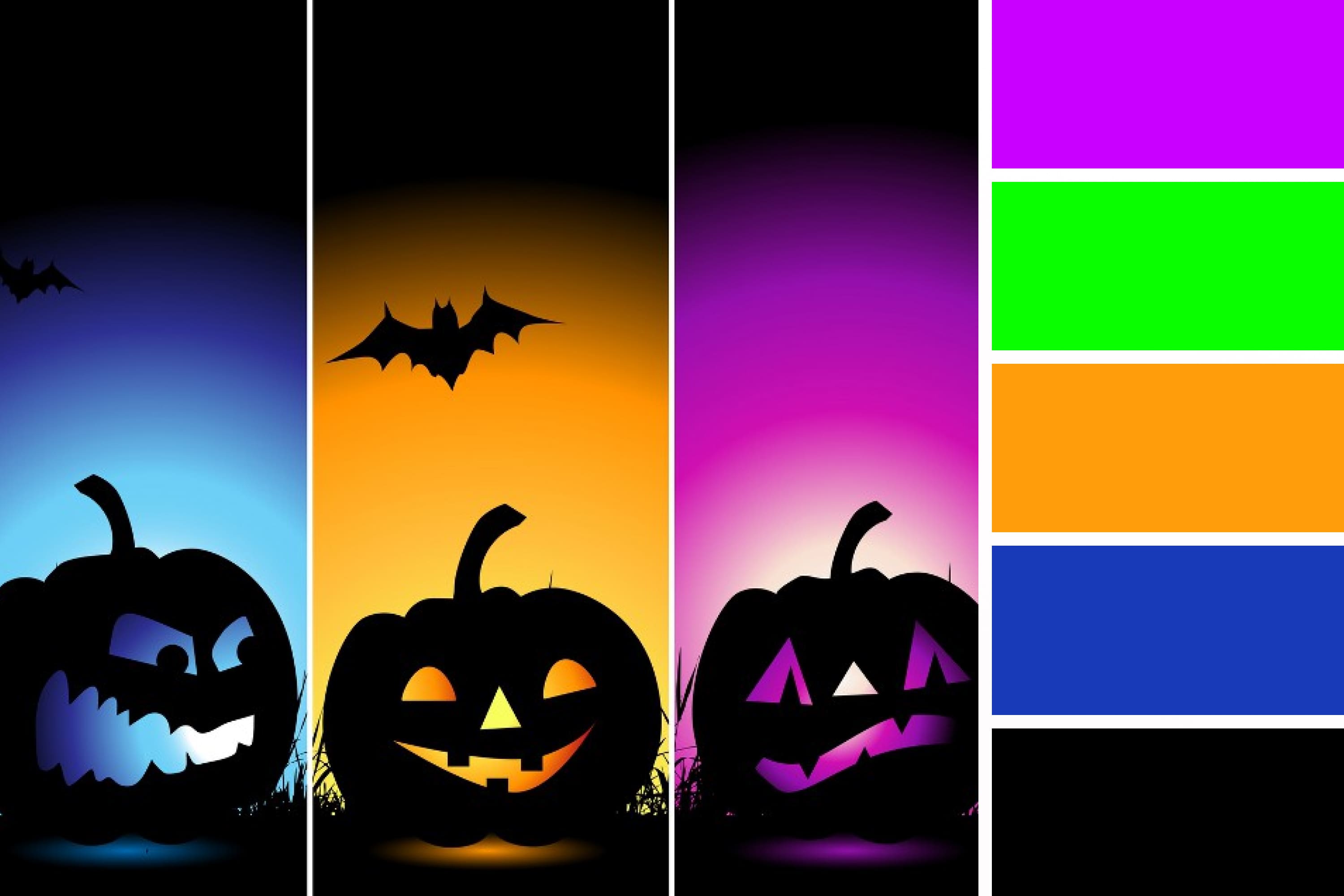 Black pumpkins on pink, orange and blue backgrounds.