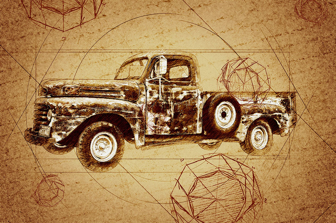 Bundle of 12 Old Trucks HQ Graphics with Country Style for postcards design.