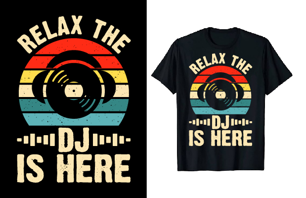Image of a black T-shirt with a beautiful print of a record and headphones.