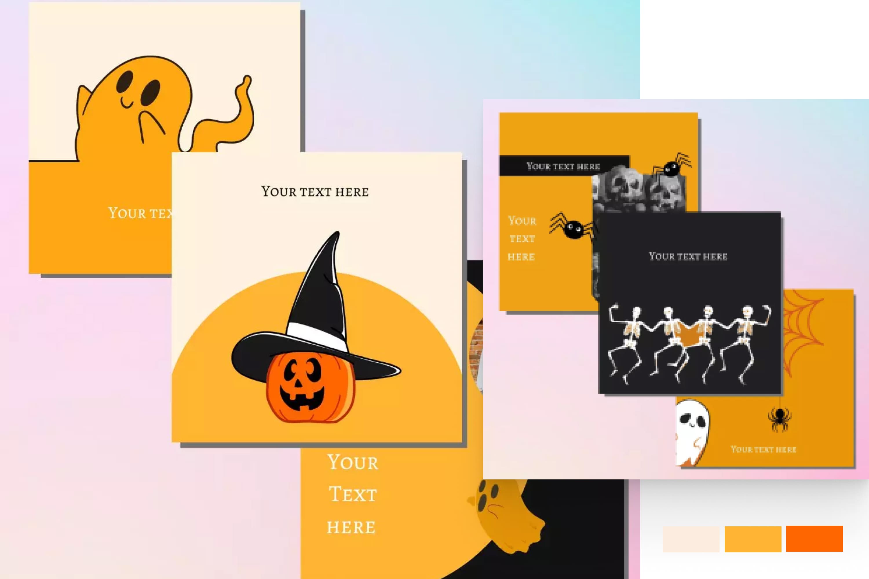 Collage of Instagram post templates with pumpkins, ghosts, skeletons.