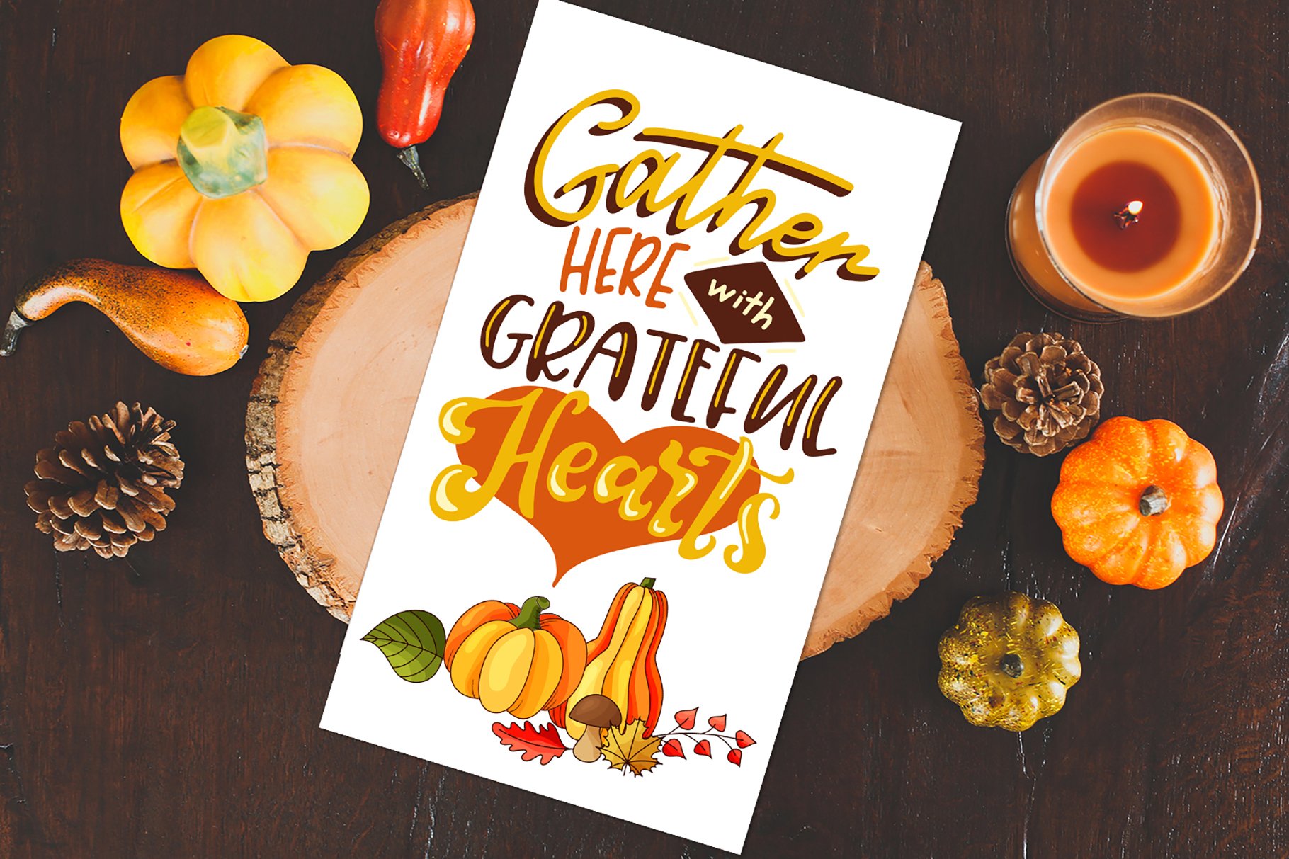 Creative autumn greeting card with the pumpkins.