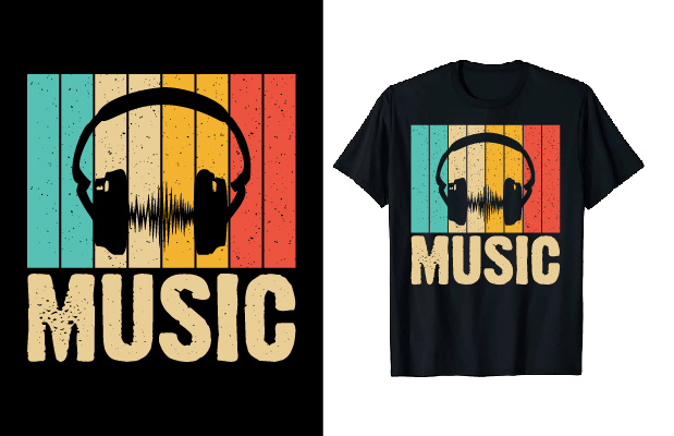 Image of a black t-shirt with a beautiful headphone print.