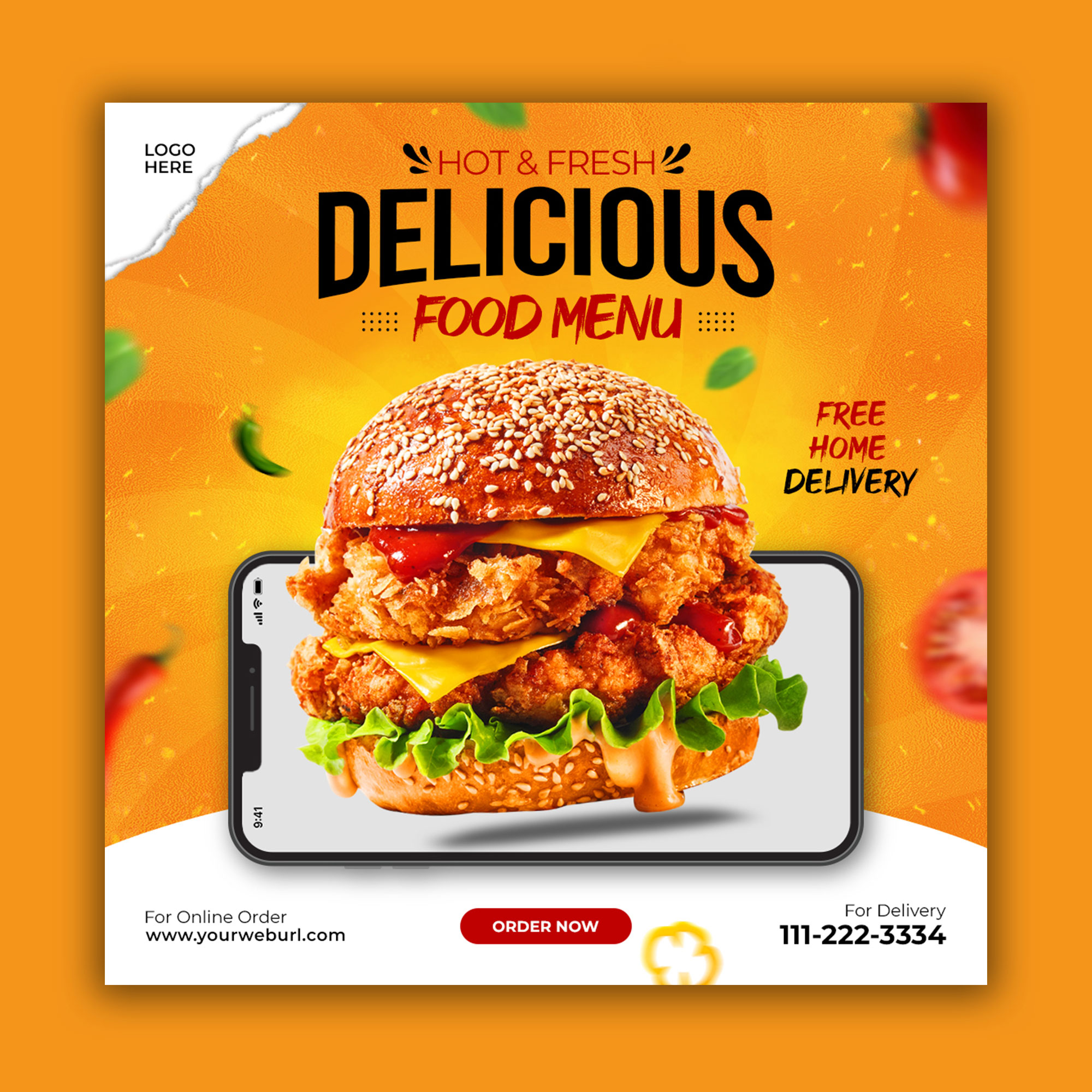 Delicious Burger Yellow Social Media Post Banner Template Bundle preview image.