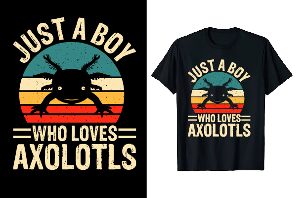 Image of black t-shirt with colorful axolotl print and lettering.