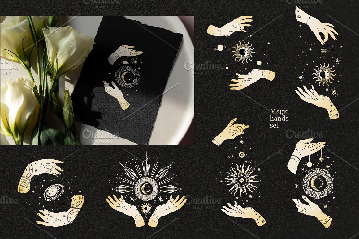 A set of magic hands, presented in gold color variations on a black background.